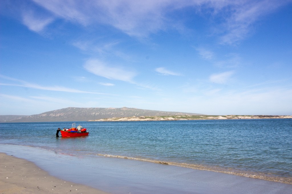 A bright red motorboat being pushed into calm turquoise lagoon water, with a rocky ridge across the far shore.